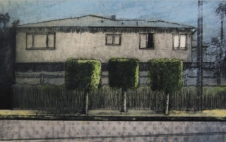 Drypoint and monotype print of an apartment building, by Michelle Rozic